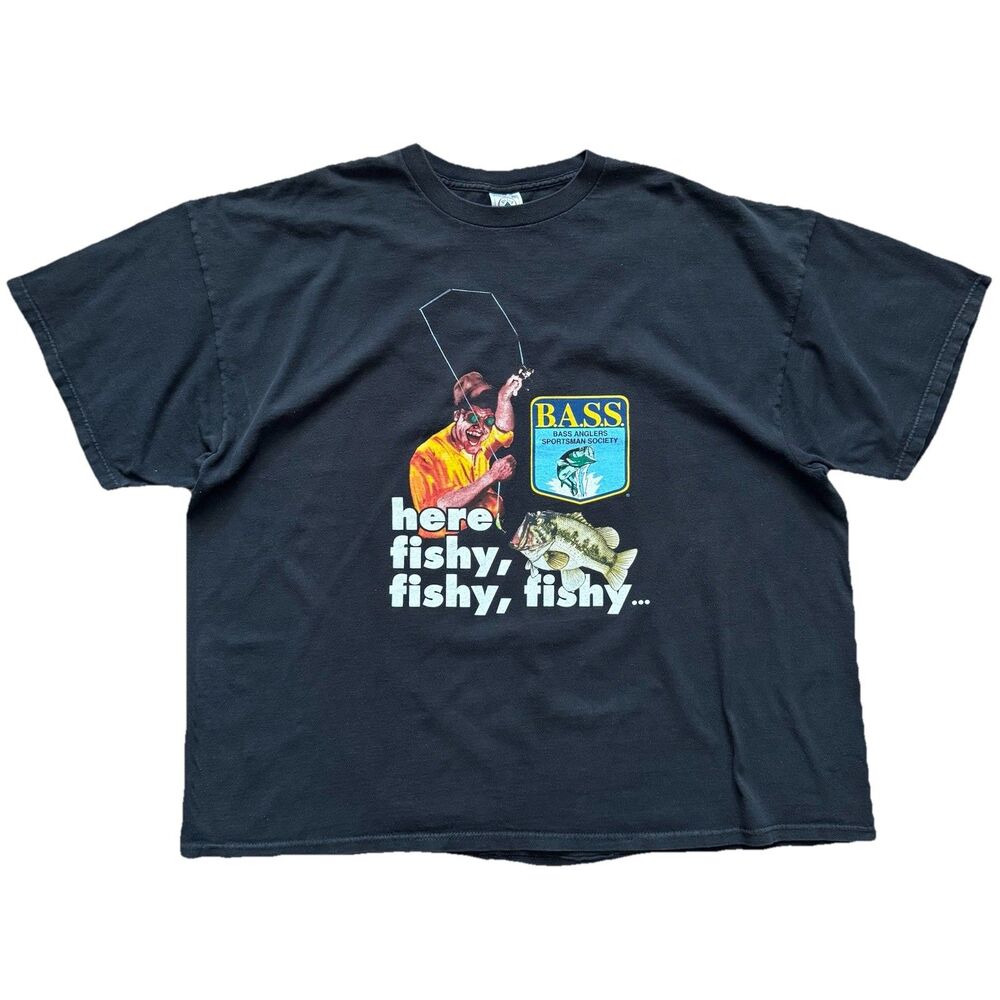 Vintage 90s BASS Anglers Sportsman Society Fishy Fishy Graphic Tee Black 3XL